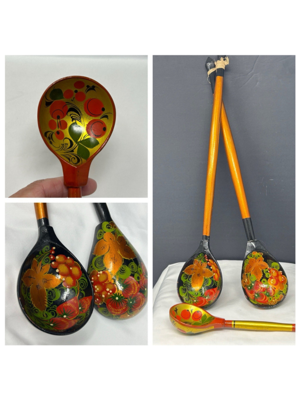 Vtg Russian Spoons Khokhloma Folk Art Hand Painted Wooden Ladles Spoons x 3